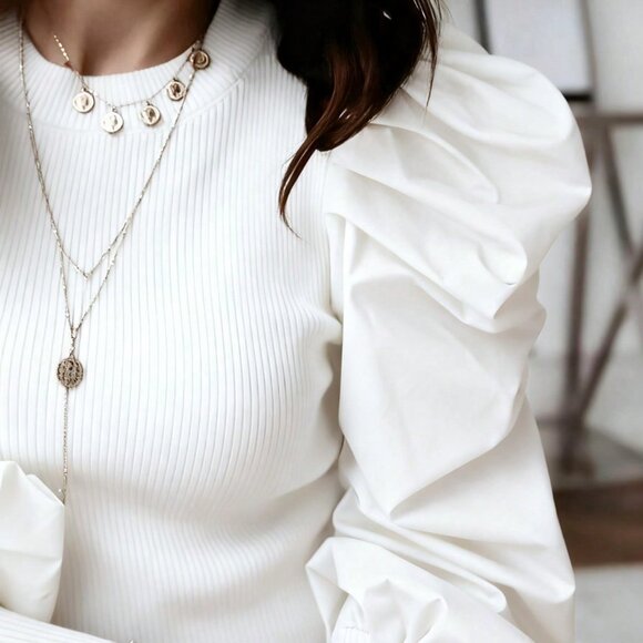 White Casual Women's Round Neck Fitted Puff Sleeve Top - Picture 3 of 5